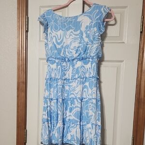 Blue and White Flutter Sleeve Mini Sundress for Weddings